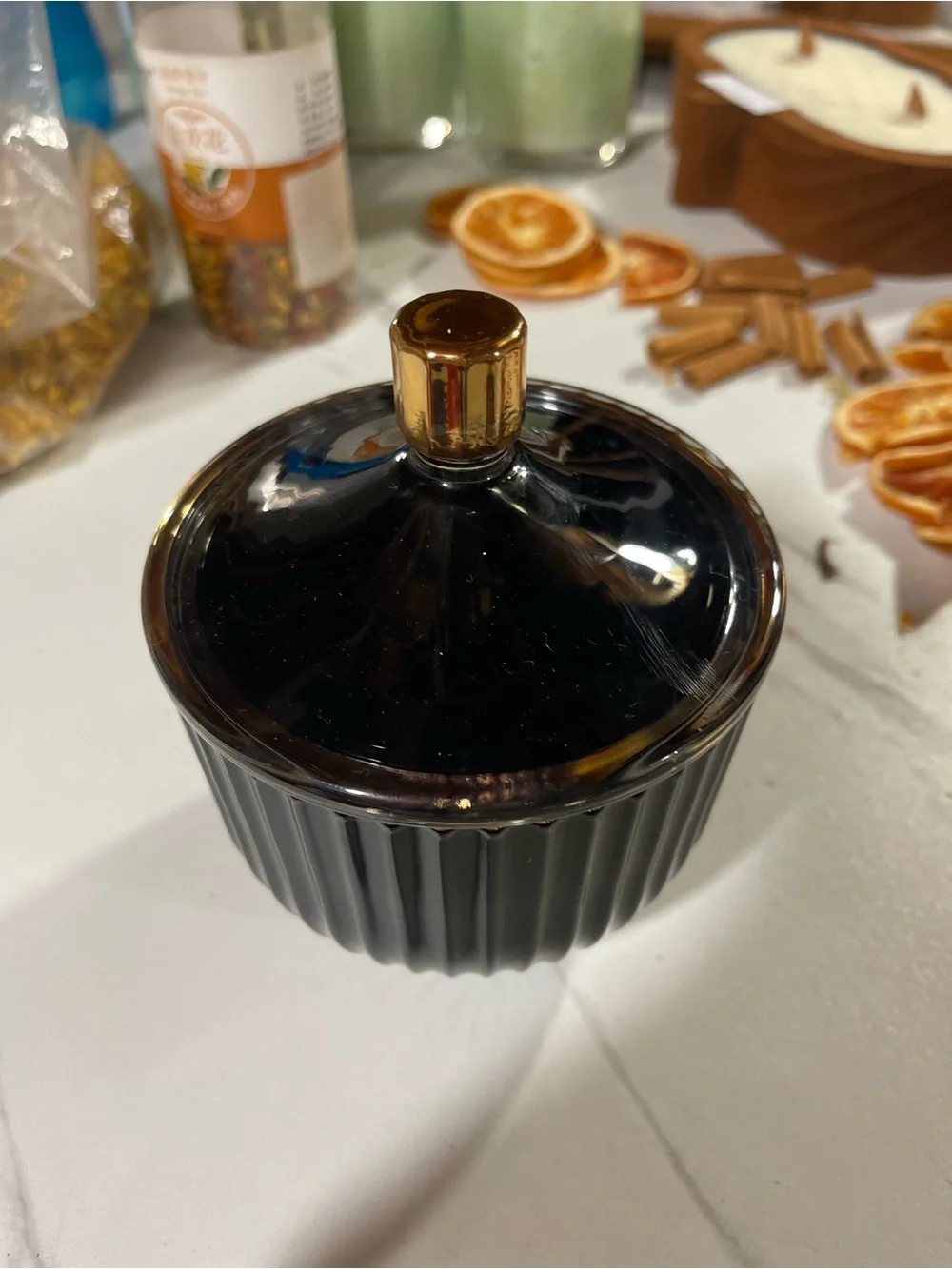 Black Ceramic Lidded Jar with Gold Knob - Home Accents